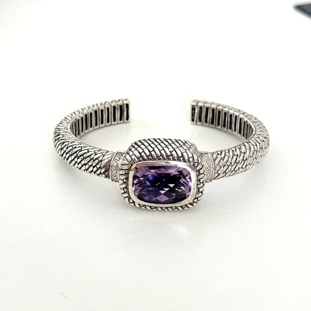 925 Sterling Silver Genuine Faceted Amethyst Cuff Bracelet